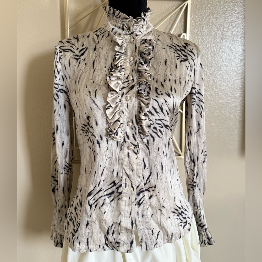 St. John Silk Ruffled Blouse | Long Sleeve High Neck | Neutral Print | L - Picture 2 of 14